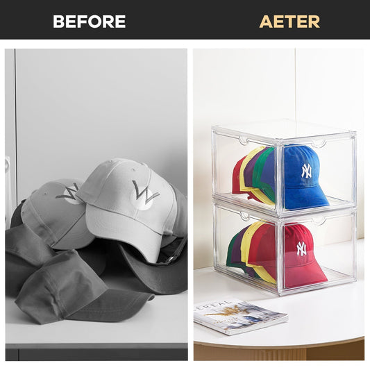 Before and after hat storage in a small closet — organized caps and hats using stackable hat storage boxes