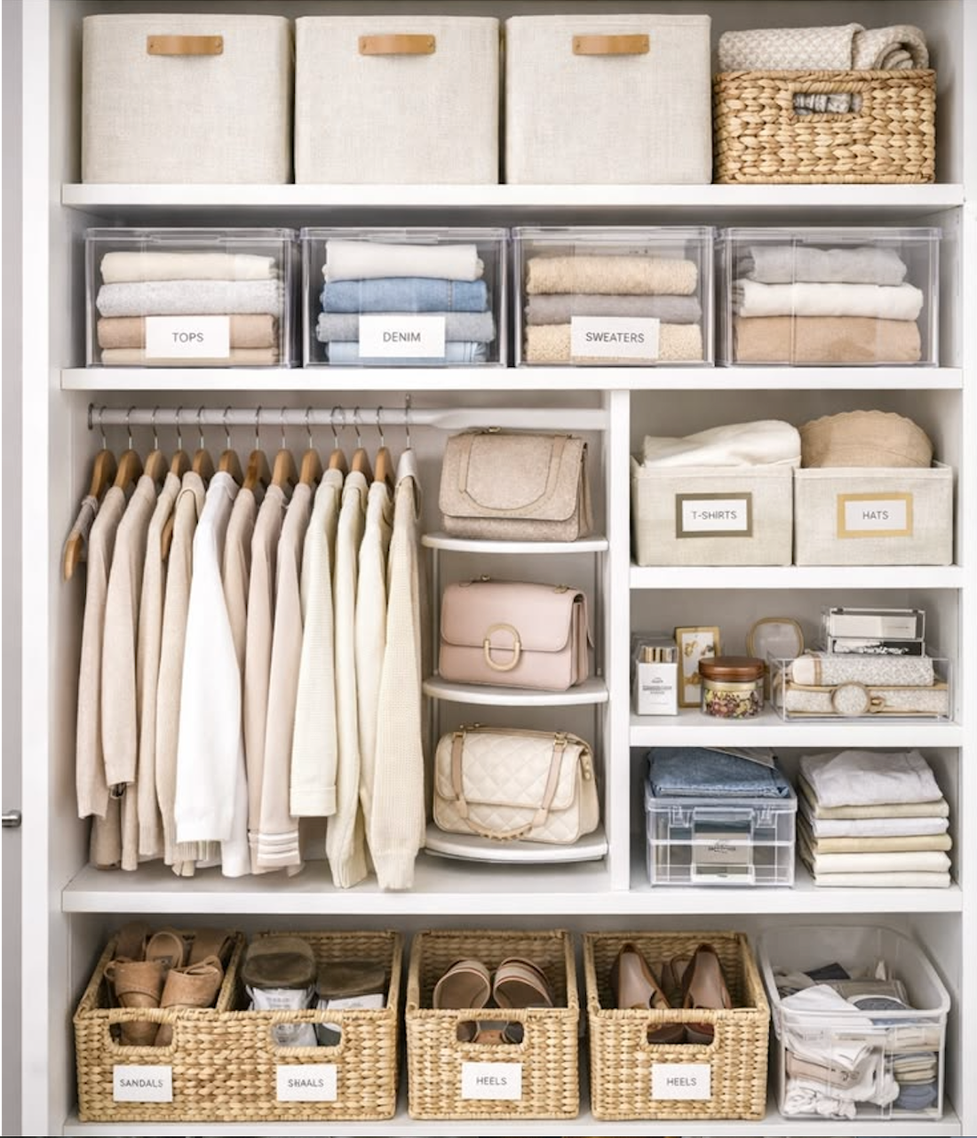 Small closet organization with storage bins, shoe storage boxes, and closet organizers