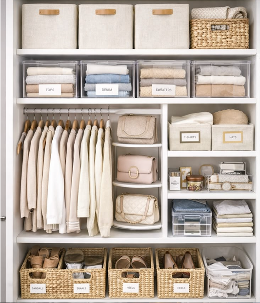 Small closet organization with storage bins, shoe storage boxes, and closet organizers