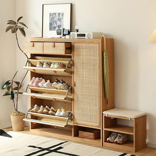 Entryway shoe storage setup with shoe rack and shoe cabinet to keep the front door clear